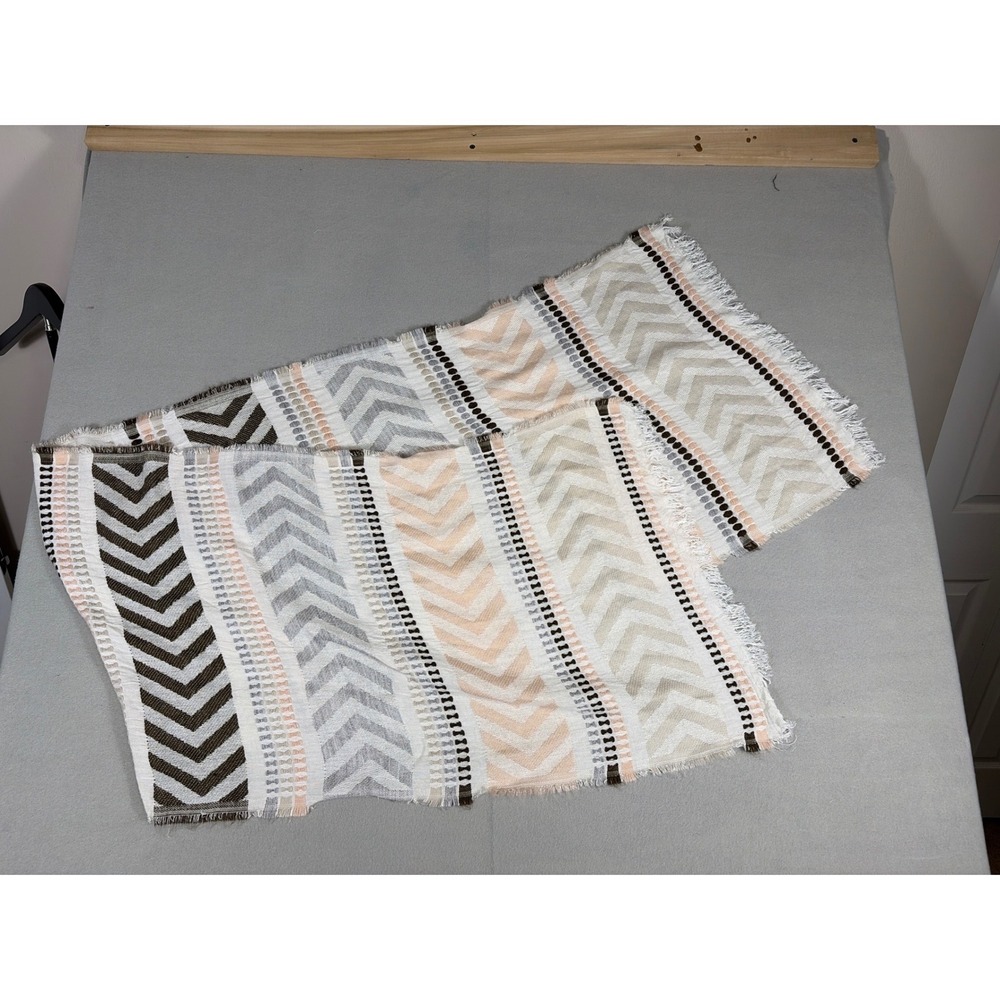 Chevron Geometric Print Lightweight Fringed Scarf Brown Grey Peach‎ 71x19